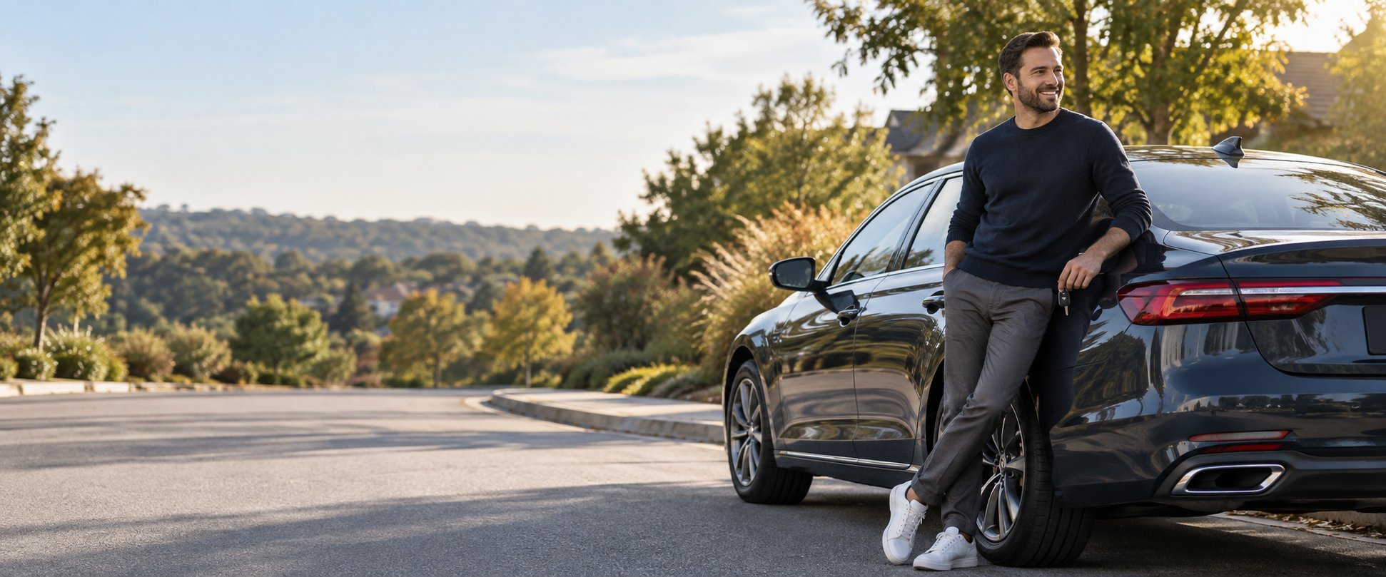 Driver standing beside a modern sedan on a quiet suburban street.