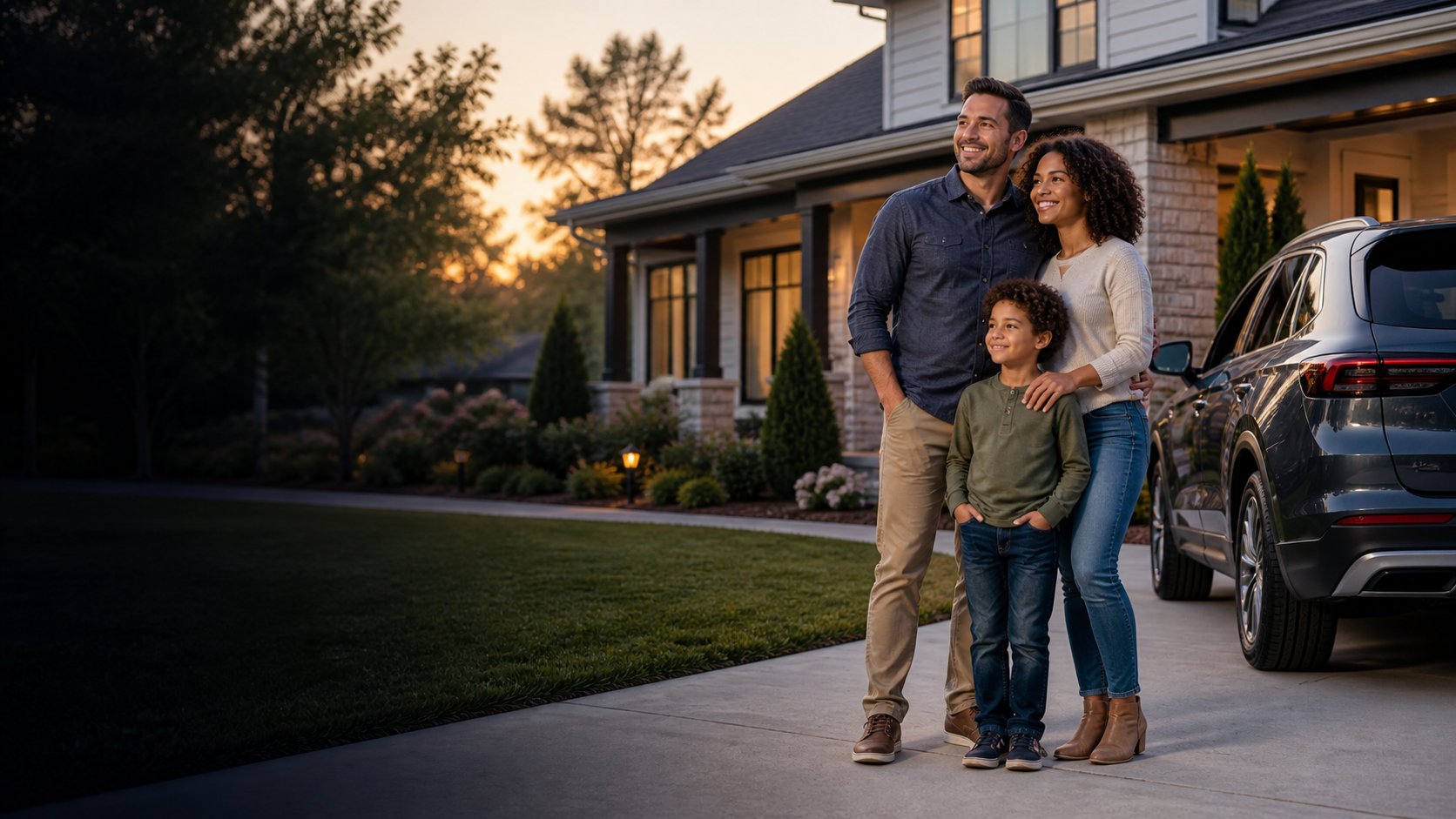 Family gathered at home beside a vehicle, representing connected insurance priorities.