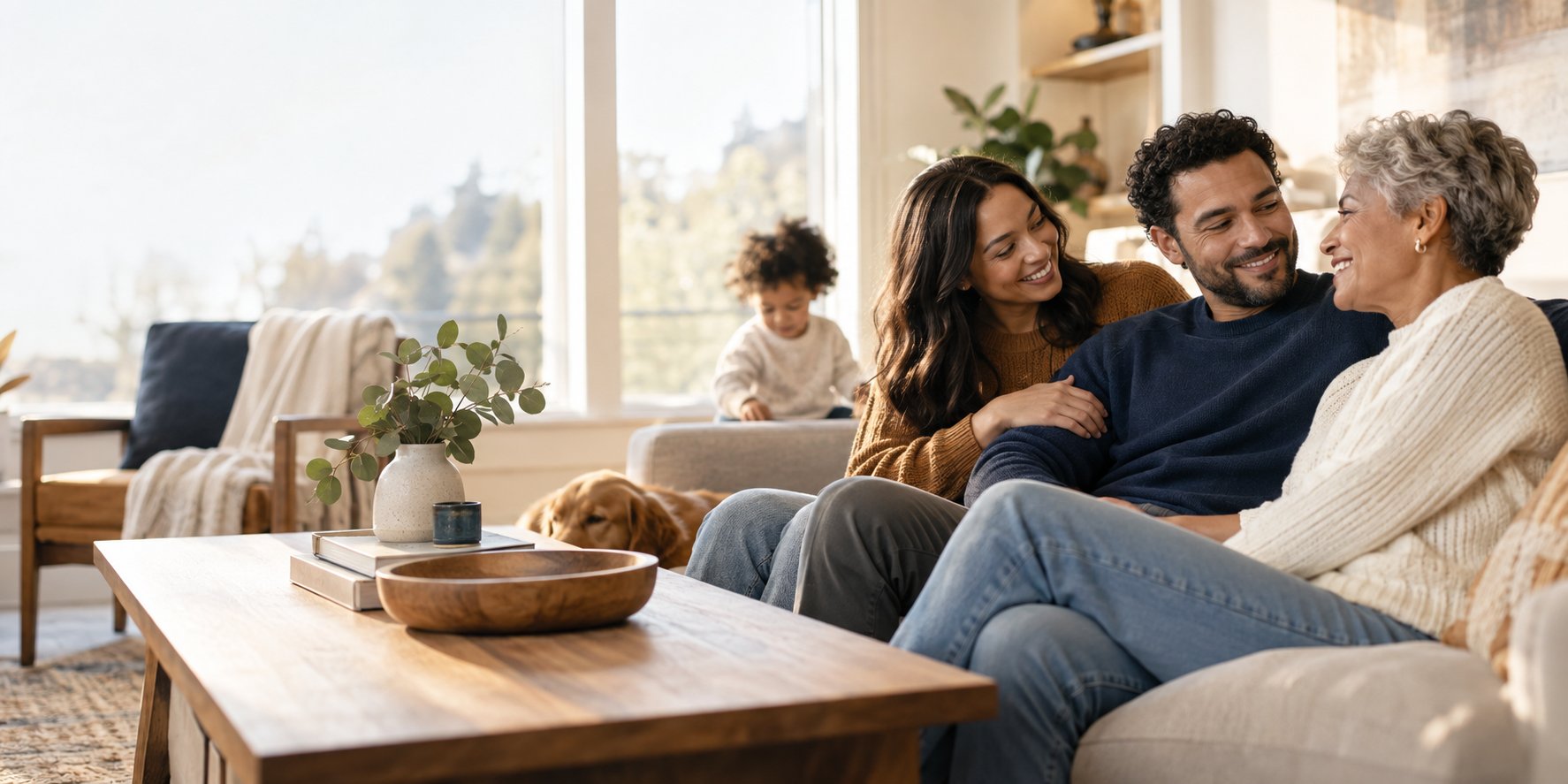 Multigenerational family sharing a warm moment at home.